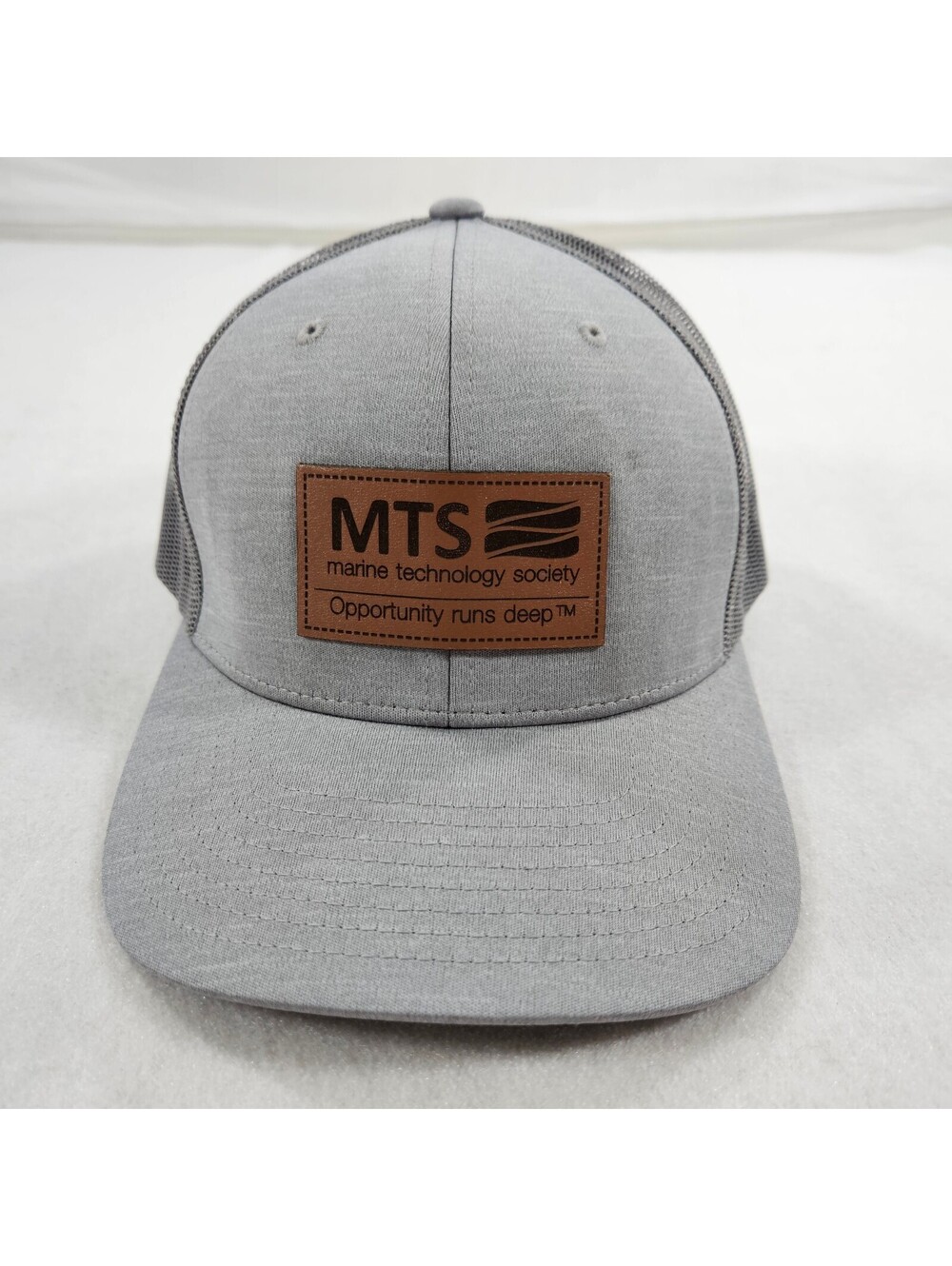 MTS Marine Technology Society Gray Mesh Trucker Hat Leather Patch Adjustable